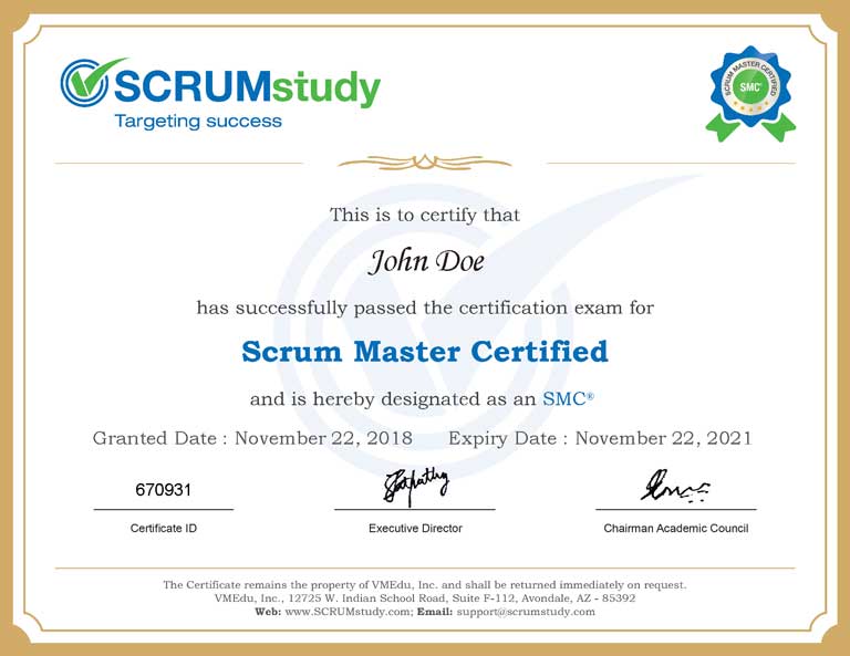 Sample SCRUMstudy certificate